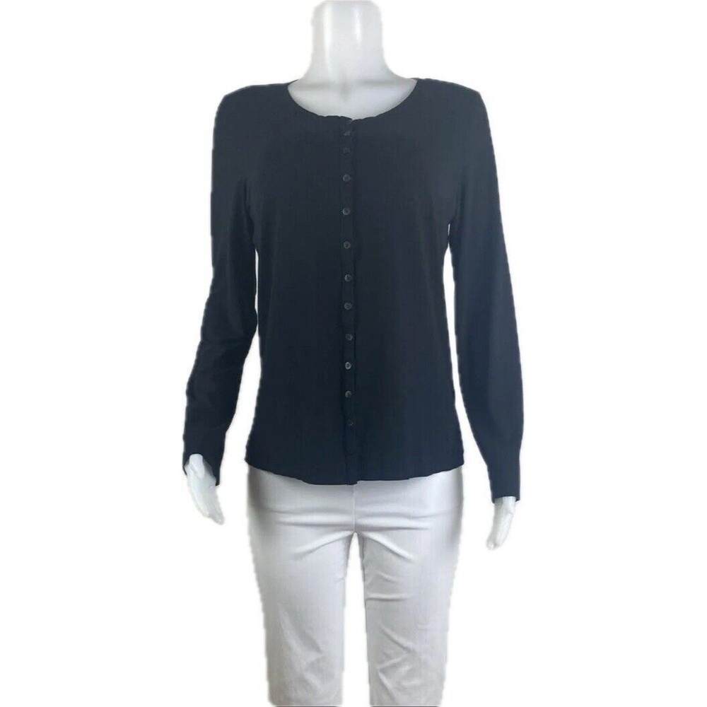 F. Eileen Fisher Top Size M Black Blouse Button Long  Sleeve Crew Neck